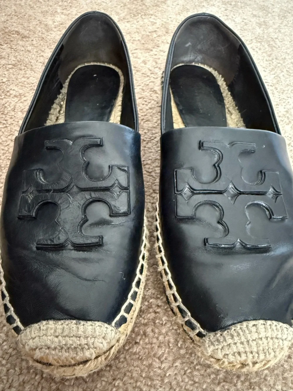 Tory Burch Ines Platform Black Leather Espadrille Flat